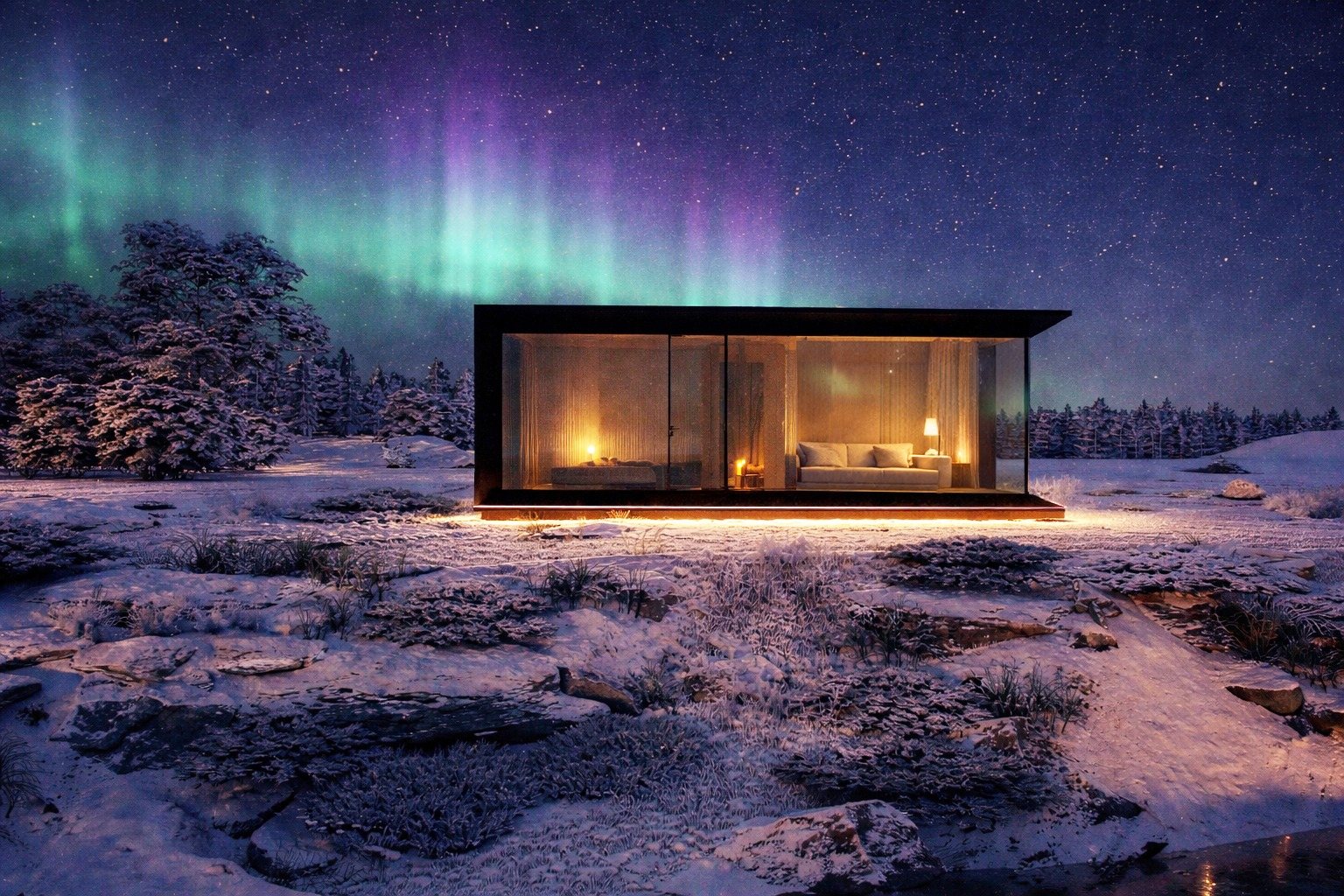 An ECHO house under the aurora in a snowbound landscape at night