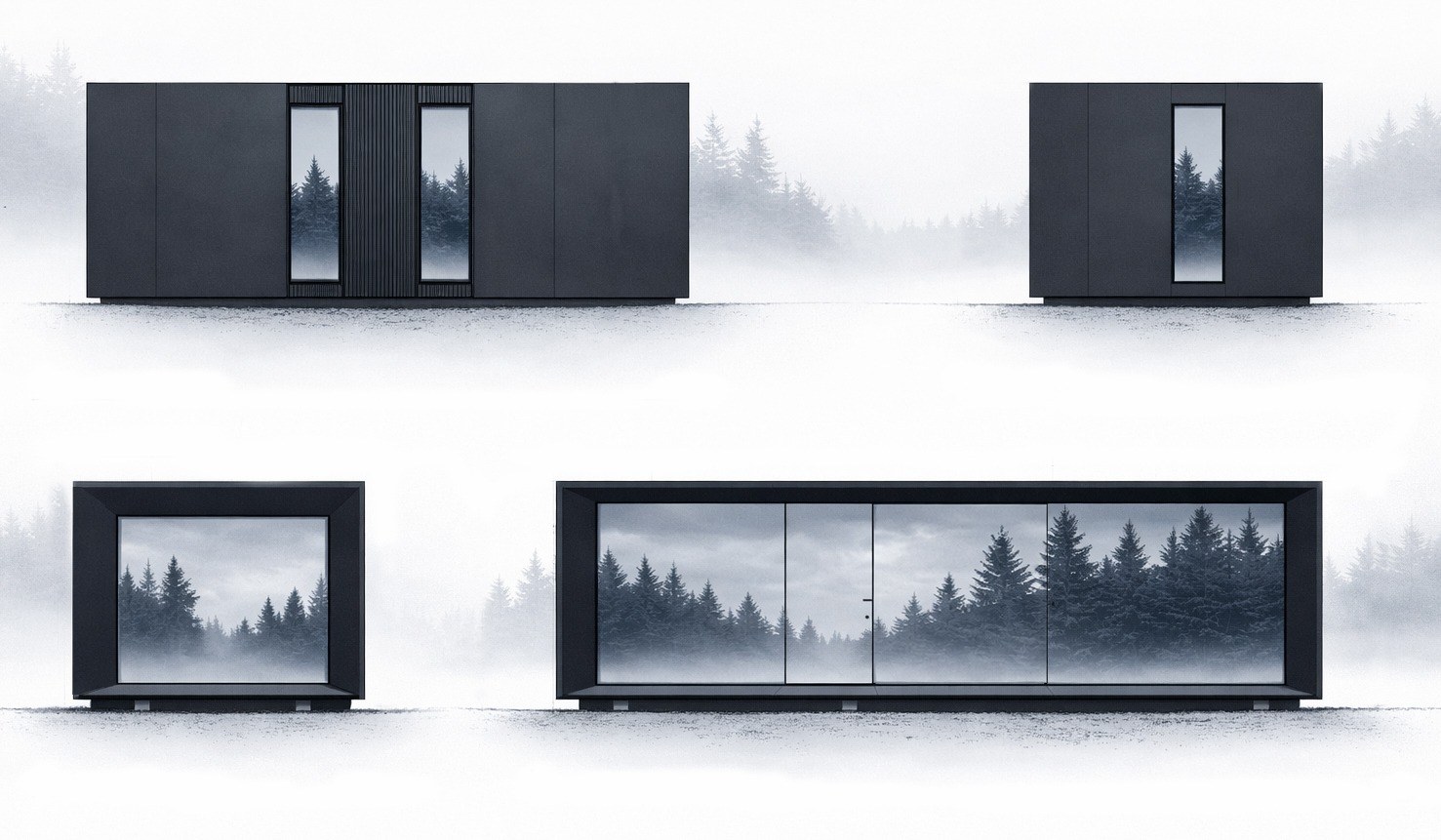 Elevation drawings of the ECHO house: closed side, gable end, and fully glazed façade