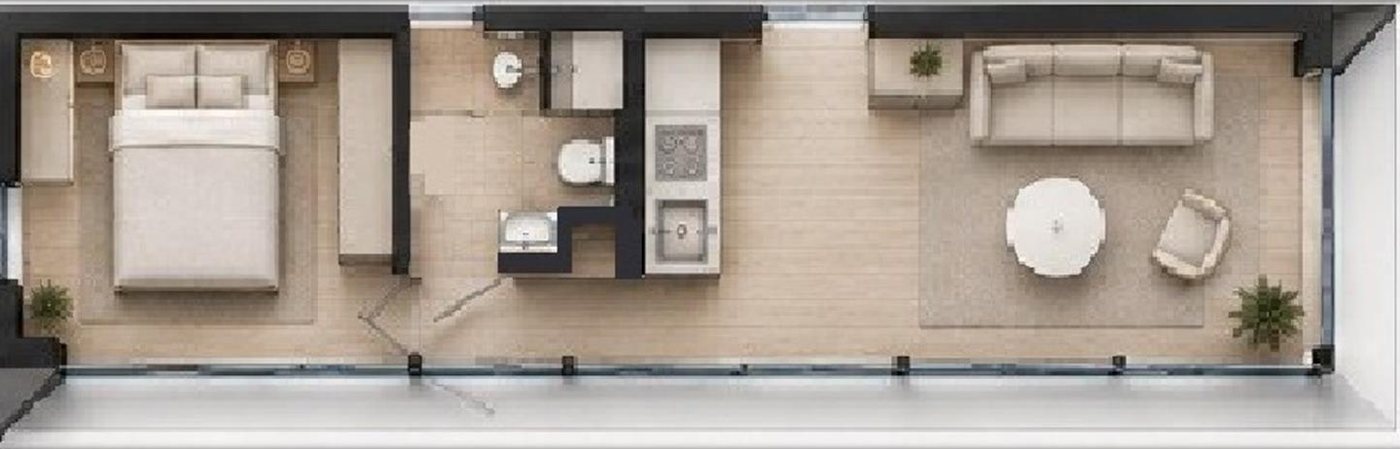 ECHO 30 floor plan: bedroom, bathroom, kitchen, dining and lounge